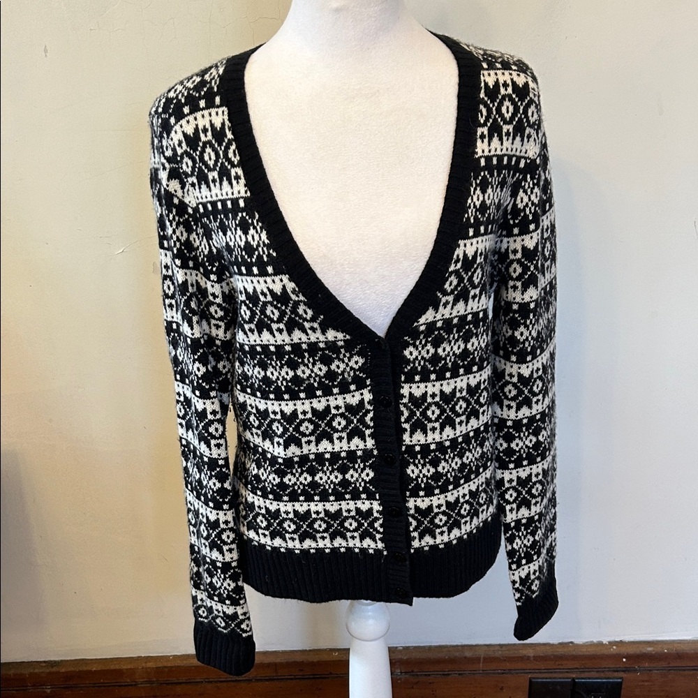 Talbots wool blend fair isle black white cardigan Size S EUC
